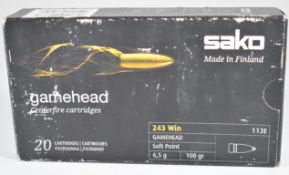 Twenty .243 Sako 100g rifle cartridges, in original box. PLEASE NOTE THAT A VALID RELEVANT