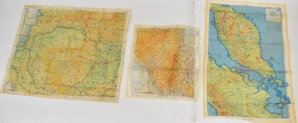 Three British double sided colour printed escape and evasion maps comprising 43 G/H, 76 x 90cm,