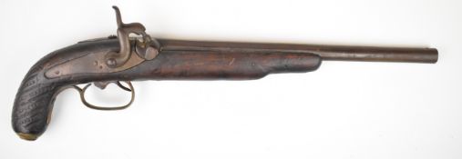Unnamed percussion hammer action pistol with carved stock, storage compartment to the butt and 11.