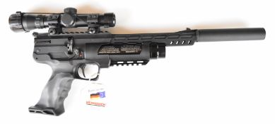 Weihrauch HW44 .177 PCP air pistol with shaped grips and adjustable sights. scope rail, sound