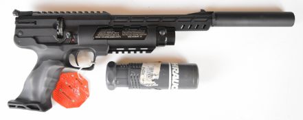 Weihrauch HW44 .177 PCP air pistol with shaped grips and adjustable sights. scope rail, sound