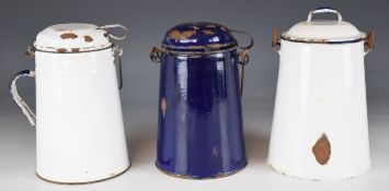 Three enamel railway or similar billy cans