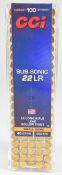 One-hundred .22lr CSI Subsonic rifle cartridges, in original box. PLEASE NOTE THAT A VALID
