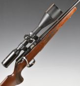 Anschutz .22 bolt-action rifle with chequered semi-pistol grip and forend, raised cheek piece to the