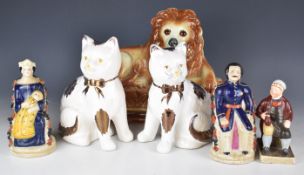 Staffordshire Queen Victoria and Prince Albert pastille burners, Jolly Toby pair of cats and a large