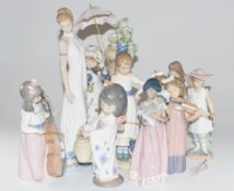 Ten Lladro / Nao figures, most boxed including Violin, Elegance, April Showers etc, tallest 35cm