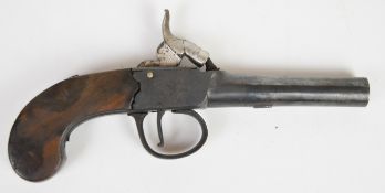 Lacy of London percussion hammer action pocket pistol with named and engraved lock, wooden grip