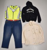 Lambretta branded straight leg jeans, size 48-29, Jacamo jacket size 3XL, Triumph branded hi-vis
