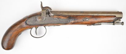 Indistinctly named percussion hammer action pistol with engraved lock, trigger guard and mounts,