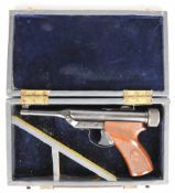 Hy-Score .177 target air pistol with engraved frame, named, shaped and chequered Bakelite grips