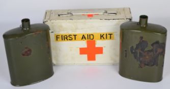 Military first aid kit tin and two metal military water bottles.