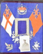 Royal Navy interest framed silk embroidery of two union flags flanking a frame with a photo of a