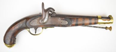 Austrian type percussion hammer action cavalry pistol with brass trigger guard, butt cap and mounts,