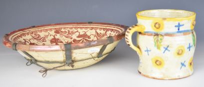19thC French pottery jug with applied cockerel decoration and a Hispano Moresque bowl, tallest 16cm