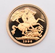 1996 Queen Elizabeth II proof gold full sovereign, limited edition 1735/5000, in original Royal Mint