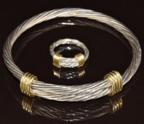 Tiffany and Co silver rope twist bangle with 18ct gold sliders (6cm) with matching ring (size J),