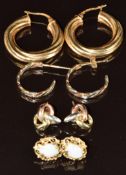 Four pairs of 9ct gold earrings including hoops, opal set and knots, 6.3g