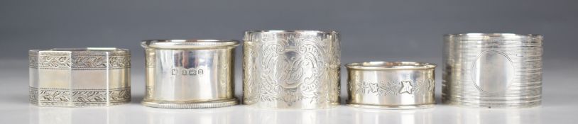 Five various Victorian and later hallmarked silver napkin rings, weight 139g