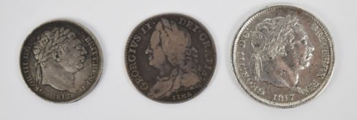 1746 George II Lima sixpence together with an 1817 George III 'bullhead' example and an 1817
