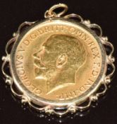 1913 gold full sovereign in 9ct gold pendant mount, 9.8g