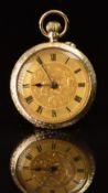 Unnamed 12ct gold keyless winding open faced pocket watch with blued hands, black Roman numerals,