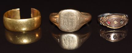 A 22ct gold wedding band (cut, 4.8g), 9ct gold signet ring (cut, 3.5g) and a 9ct gold ring (cut, 0.