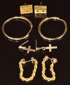 Four pairs of 9ct gold earrings including rope twist, hoop, cross, Xerox, 7.4g