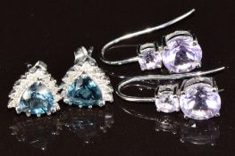 Two pairs of 9k white gold earrings, one pair set with amethyst and the other topaz surrounded by