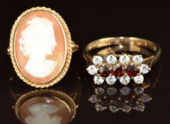 Two 9ct gold rings, one set with a cameo the other set with garnets and cubic zirconia, 6.7g, size H