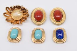 Two pairs of Christian Dior earrings and a Grosse brooch