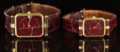 Two Raymond Weil his & hers wristwatches ref. 9104, each with gold hands, maroon dial, black Roman