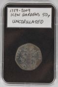 2009 Kew Gardens 50p coin, in perspex case, near unc / EF