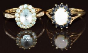Two 9ct gold rings, one set with an opal surrounded by sapphires, the other topaz and diamonds, 5.