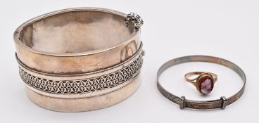 Victorian silver bangle, Birmingham 1882, silver christening bracelet and 9ct gold ring set with a
