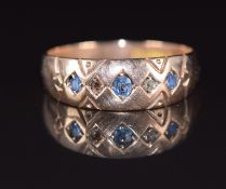 Victorian 9ct rose gold ring set with sapphires and diamonds (one diamond missing), Chester 1899,