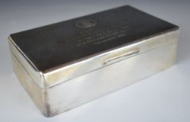 Elizabeth II  hallmarked silver cigarette box with military interest inscription to lid to Brigadier