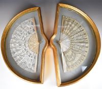 Two 19thC mother of pearl and lace fans in shaped gilt frames, length of guard sticks 20cm,