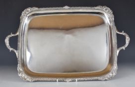 Victorian hallmarked silver twin handled tray with gadrooned edge, Sheffield 1899, maker Thomas