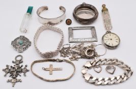 A collection of silver jewellery including two bracelets, bangle, Edwardian watch case, fob watch,