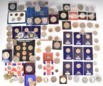 Mainly British coinage, modern crowns and collectable 50p coins including Peter Rabbit, round