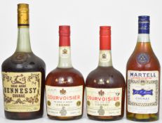 Four bottles of Cognac comprising Bras Armé Hennessy 2 pints 70 proof, marked 74, Martell 24 fl oz