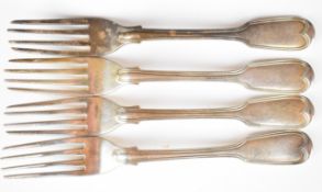 Victorian set of four hallmarked silver fiddle and thread pattern dessert forks, London 1838,