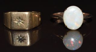 A 9ct rose gold ring set with an opal (2.4g, size P) and a 9ct gold signet ring set with a