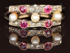 Victorian ring set with natural pearls, rose cut diamonds and rubies, 1.7g, size N