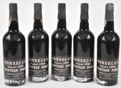 Five bottles of Fonseca's Vintage Port, 1980, 75cl, 21% vol. PLEASE NOTE ALL ALCOHOL & TOBACCO ITEMS