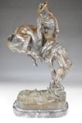 After Frederic Remington bronze figure of a cowboy on a rearing horse, signed to base, overall