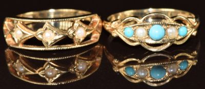 Two 9ct gold rings, one set with turquoise and seed pearls the other seed pearls, 3.9g, size M/ N