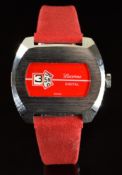 Lucerne digital jump hour gentleman's wristwatch with red dial, white subsidiary dials and stainless