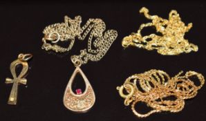 A 9ct gold pendant set with a ruby, two 9ct gold chains (3.6g), an 18k gold pendant (1.2g) and