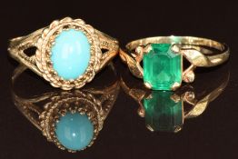 Two 9ct gold rings set with faux turquoise and paste, size M & O